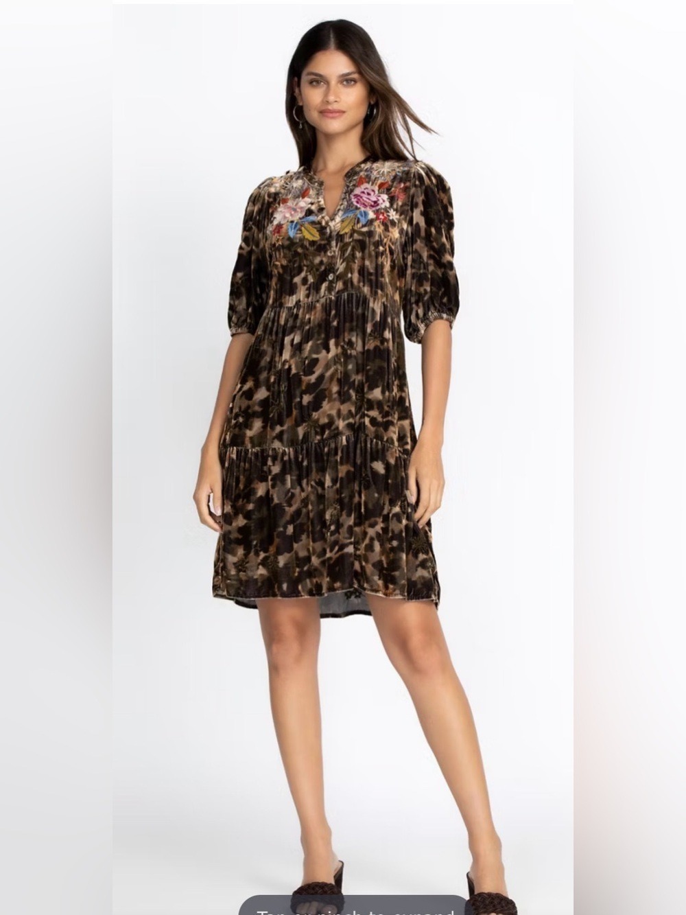 Johnny Was Celestin Velvet Puff Sleeve Shift Dress XL Animal Print Embroidered